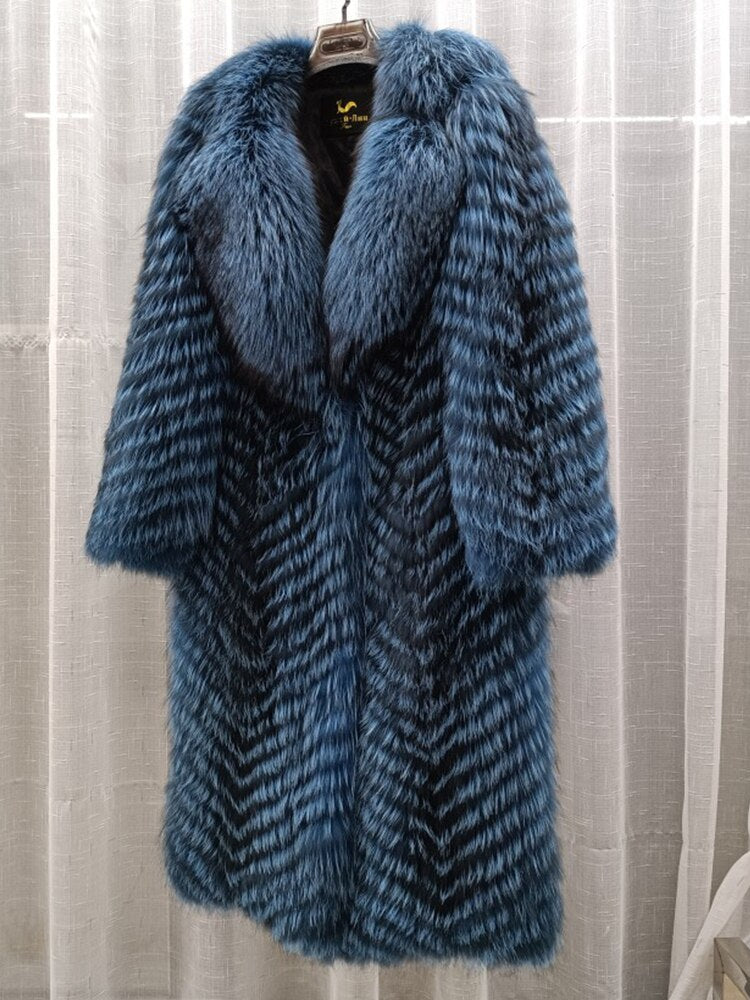 Thin Striped Color Pattern Real Fox Fur Coats  X-Long