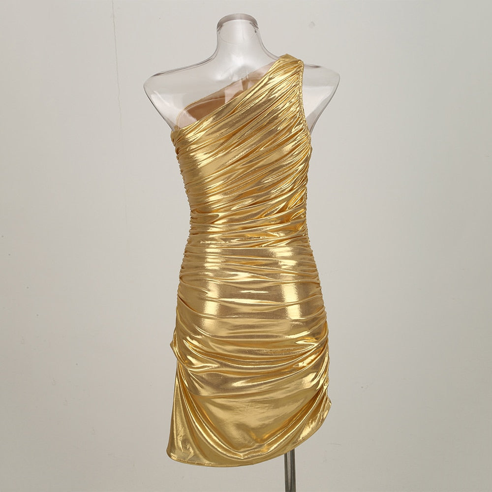 Golden Ruched One Shoulder Bodycon Midi Dress