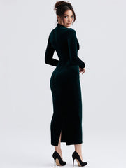 Deep Neck Velvet Long Sleeve Bodycon Midi Dress