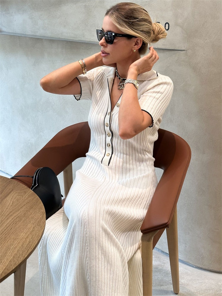 Knit Short Sleeve Collar Maxi Dress