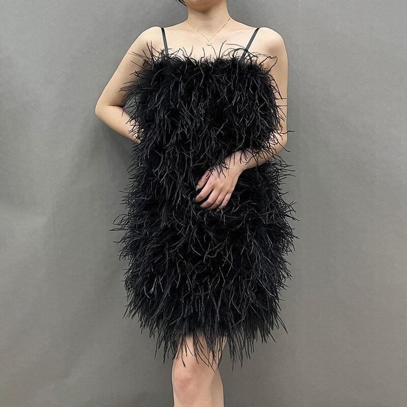 Ostrich Feather Mini Dresses With Shoulder Strap