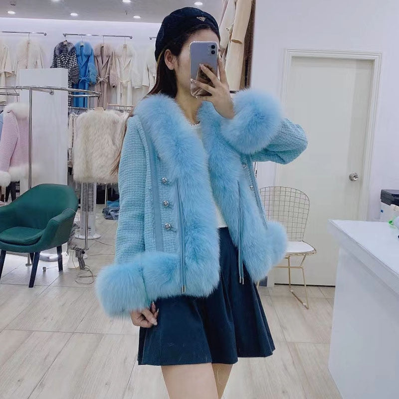 Wool Blend Real Fox Fur Coats