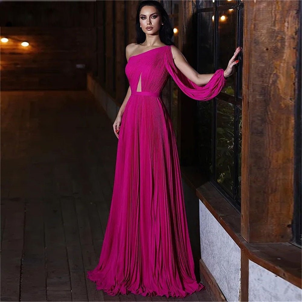 One Shoulder Pleat Floor Length Dress