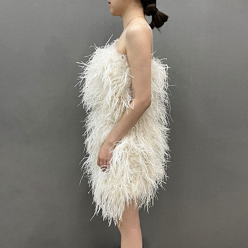 Ostrich Feather Mini Dresses With Shoulder Strap