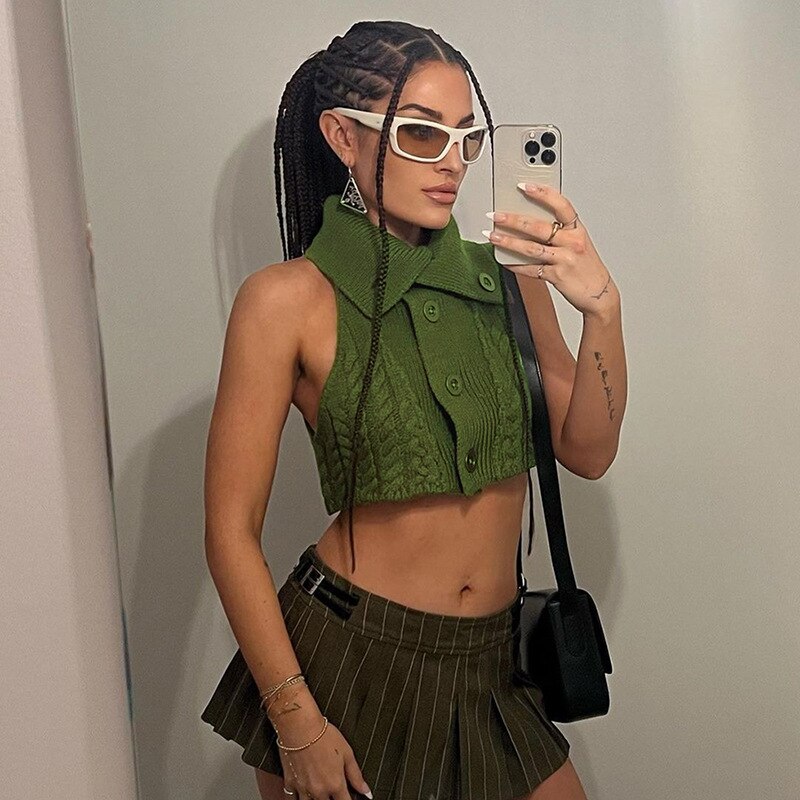 Green Knit Button Turtleneck Crop Top