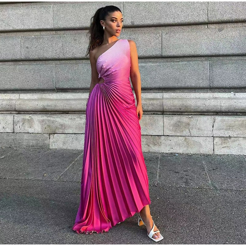 Pink Gradient Pleated One-Shoulder Maxi Dress