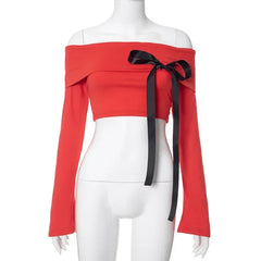 Red Off-shoulder Bow Long Sleeve Top