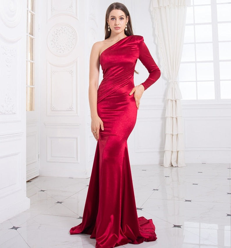 Satin One Shoulder Full Sleeve Mermaid Gown