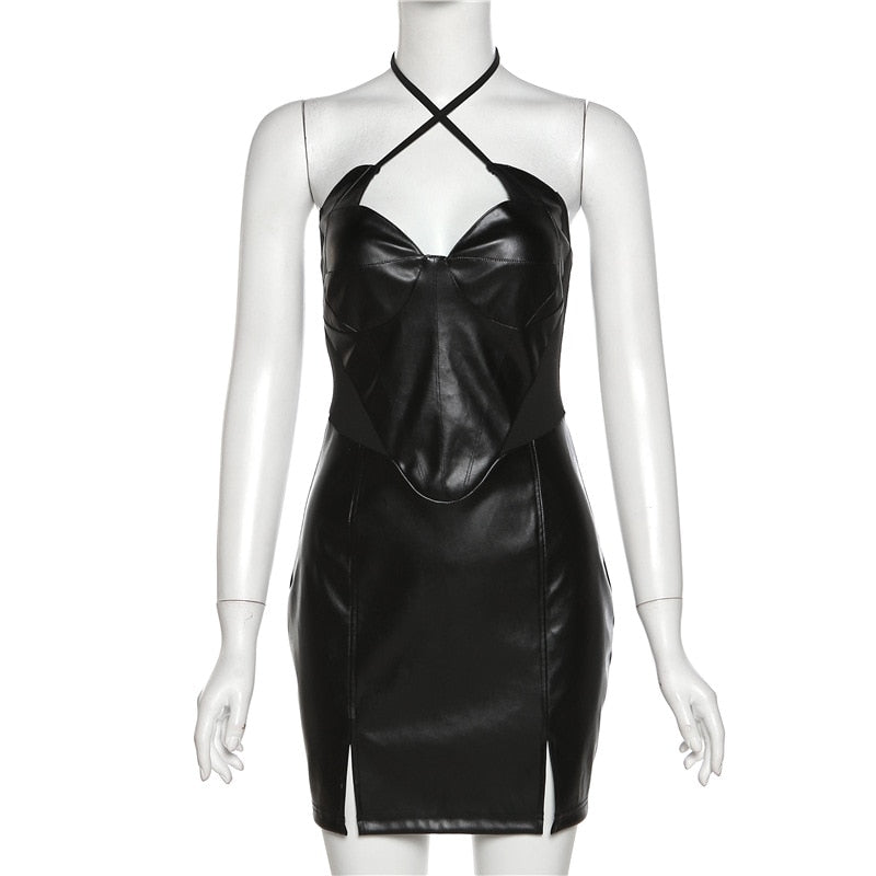 Black Faux Leather Halter Mini Dress