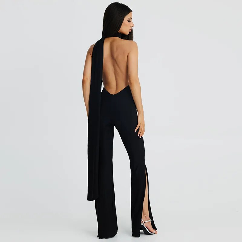 Black Halter Backless Bandage Jumpsuit