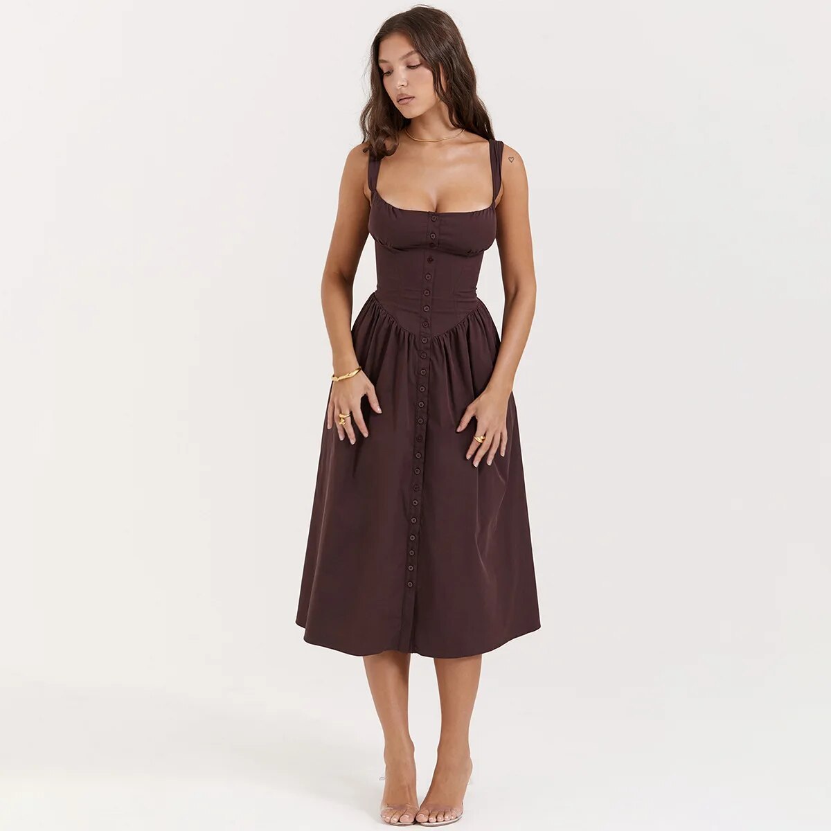 Brown Buttoned Strap Midi Dress