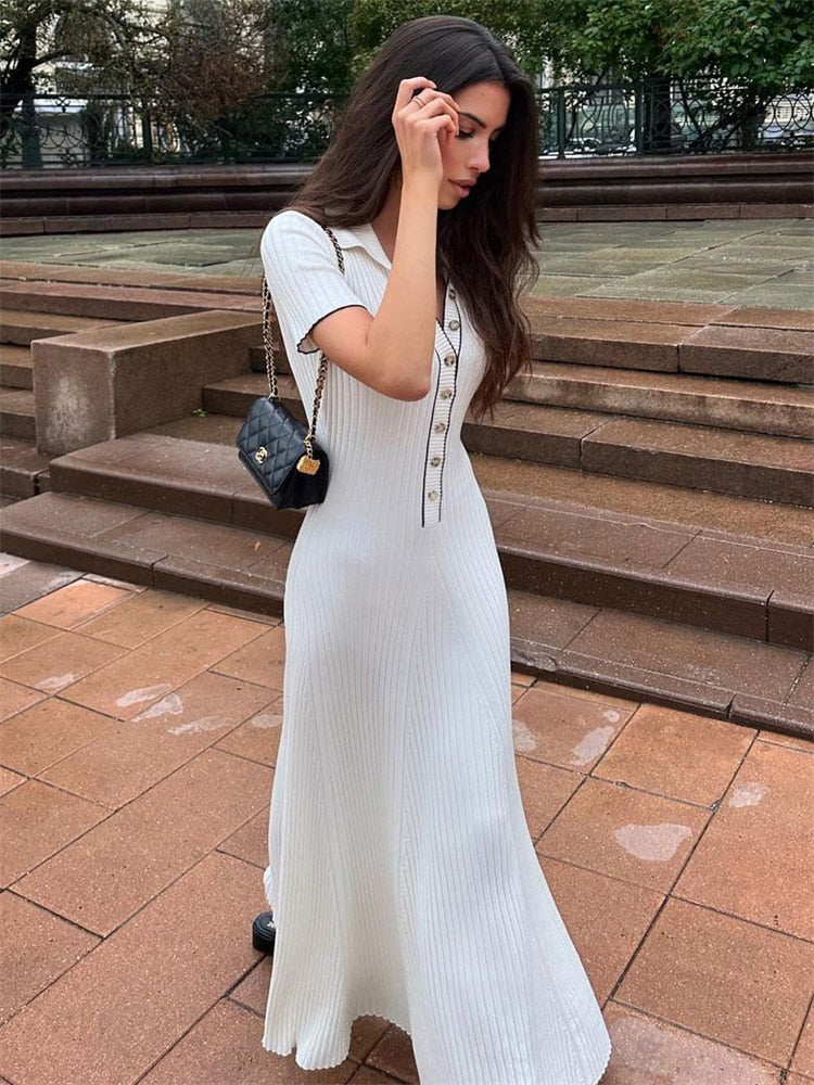 Knit Short Sleeve Collar Maxi Dress