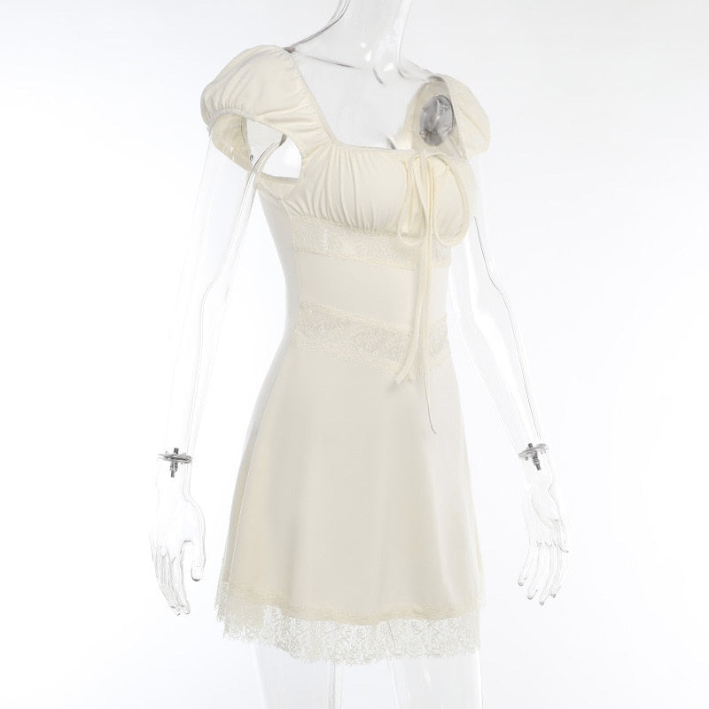 Cream Short Sleeve Lace Trim Patchwork Mini Dress