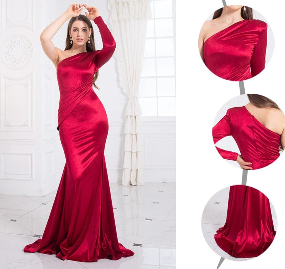 Satin One Shoulder Full Sleeve Mermaid Gown