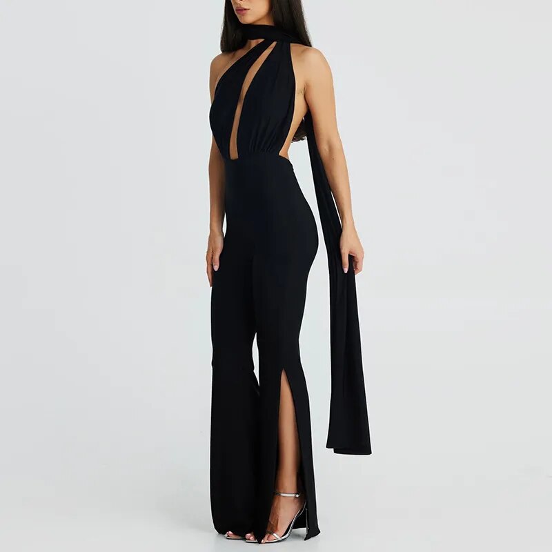 Black Halter Backless Bandage Jumpsuit