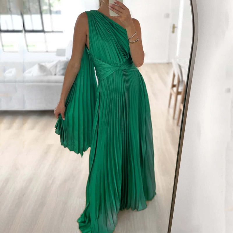 Satin Pleated Drape Sleeve Floor-Length Dresses