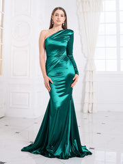 Satin One Shoulder Full Sleeve Mermaid Gown