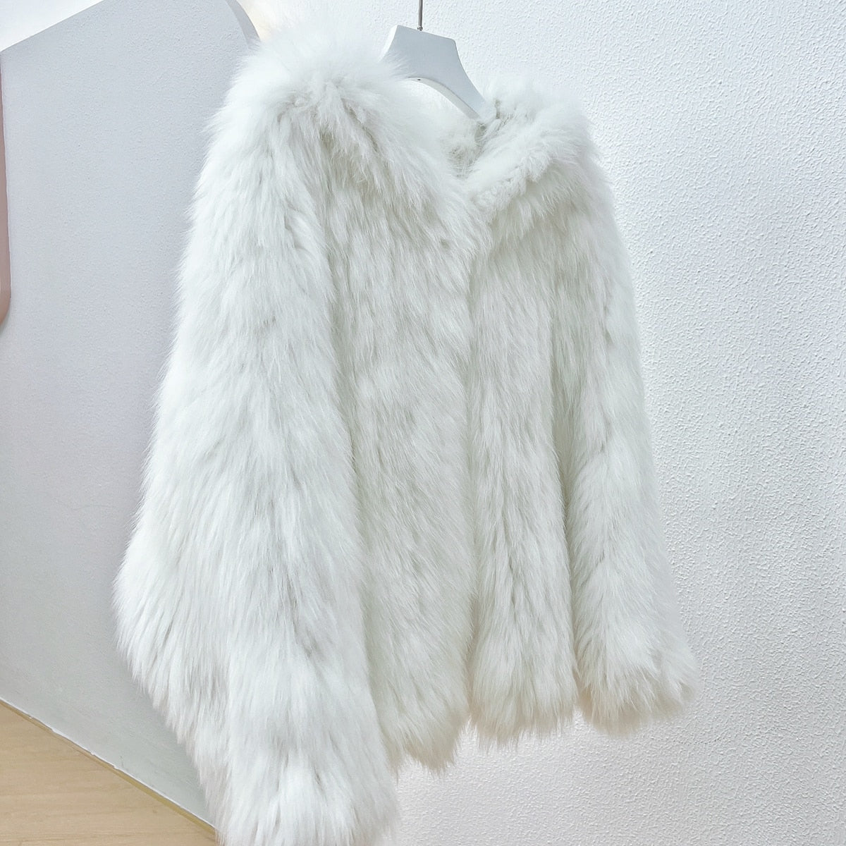 Luxury Knitted Hooded Bat Sleeved Real Fur Coats