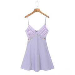 Purple Back Tie-Up Floral Embroidery Mini Dress