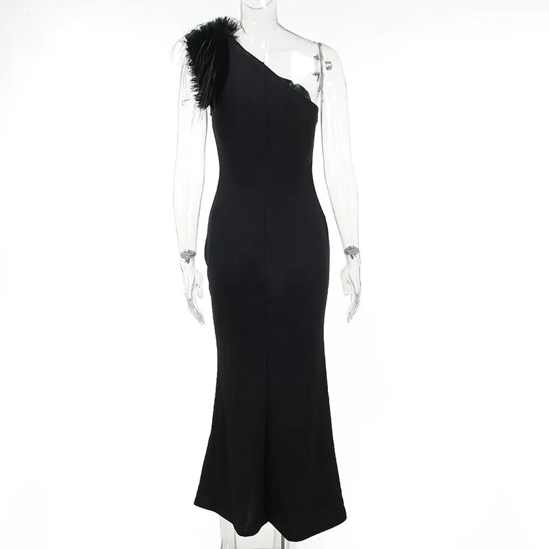 Black One Shoulder Feather Maxi Dress