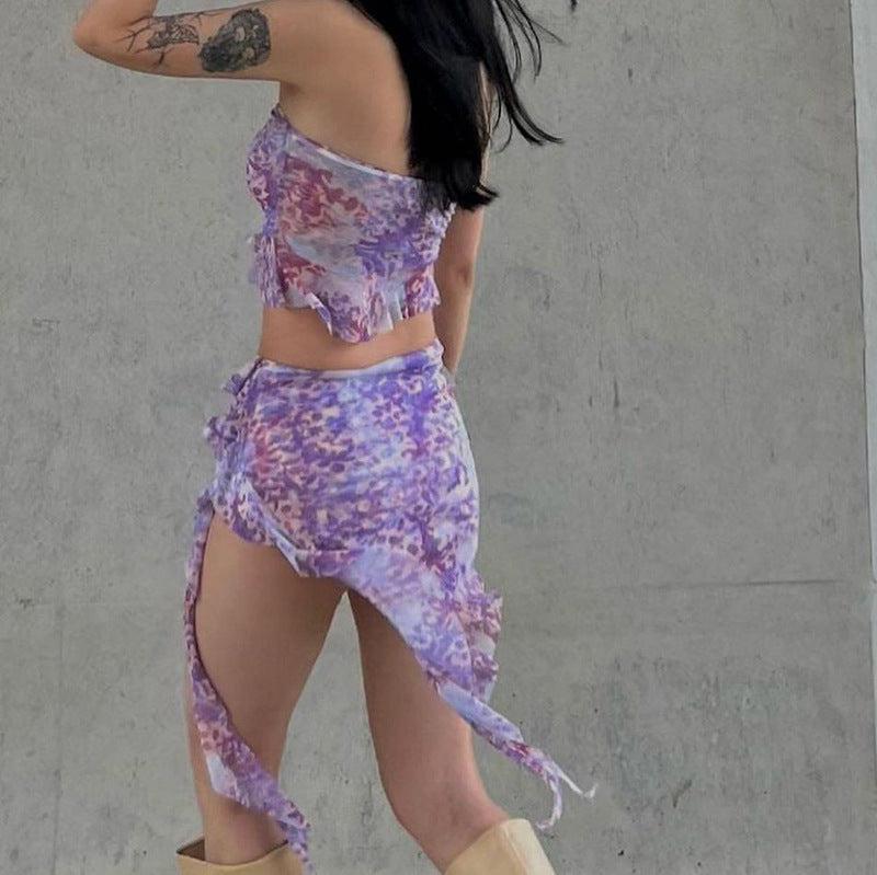 Purple Printed Frill Tube Top And Mini Skirt Two Piece Set