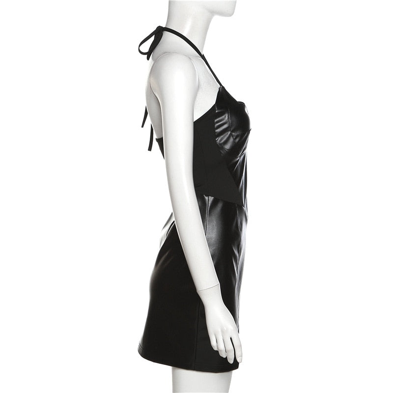 Black Faux Leather Halter Mini Dress