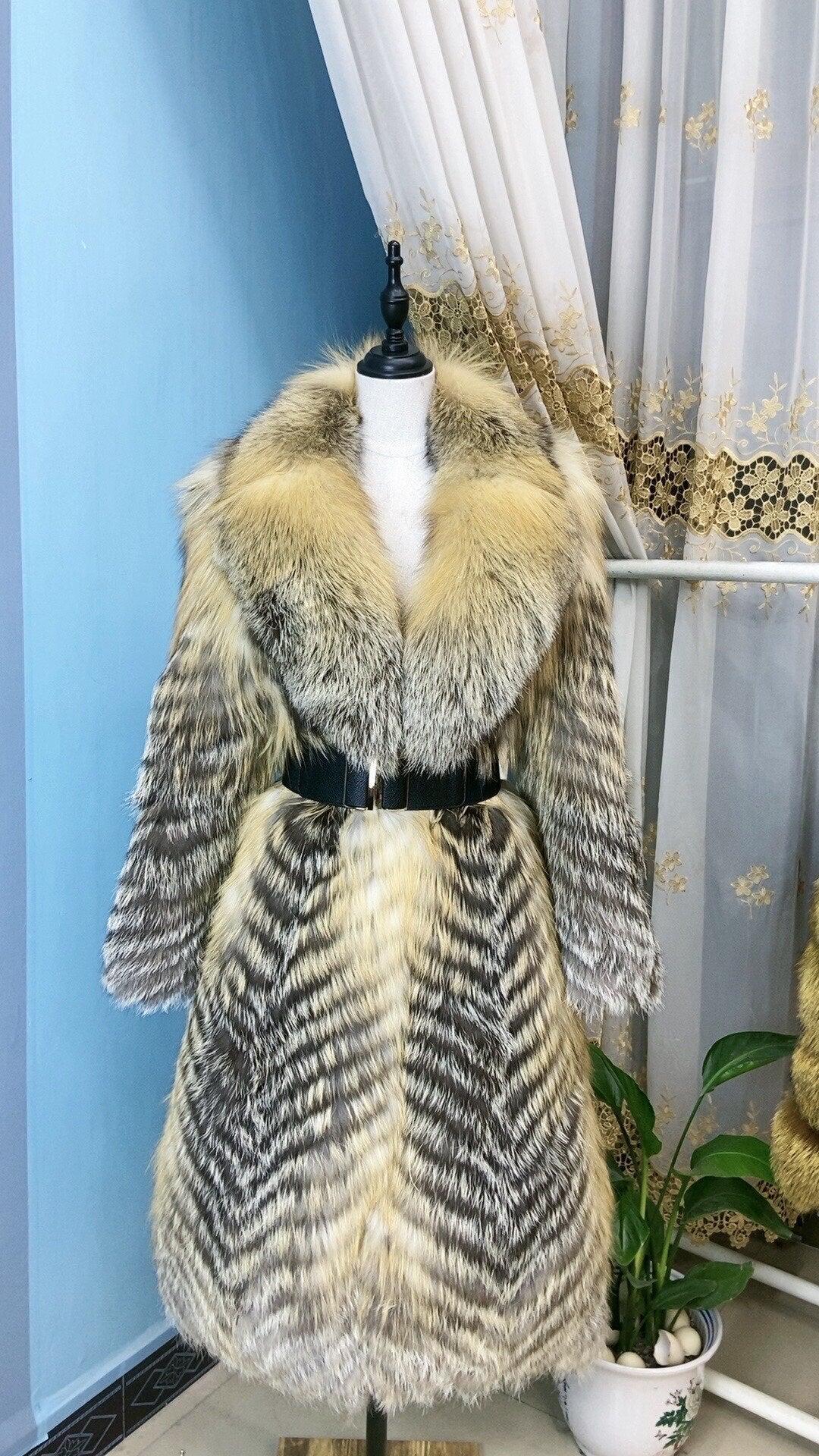 Luxury Striped Real Fur Coats X-Long