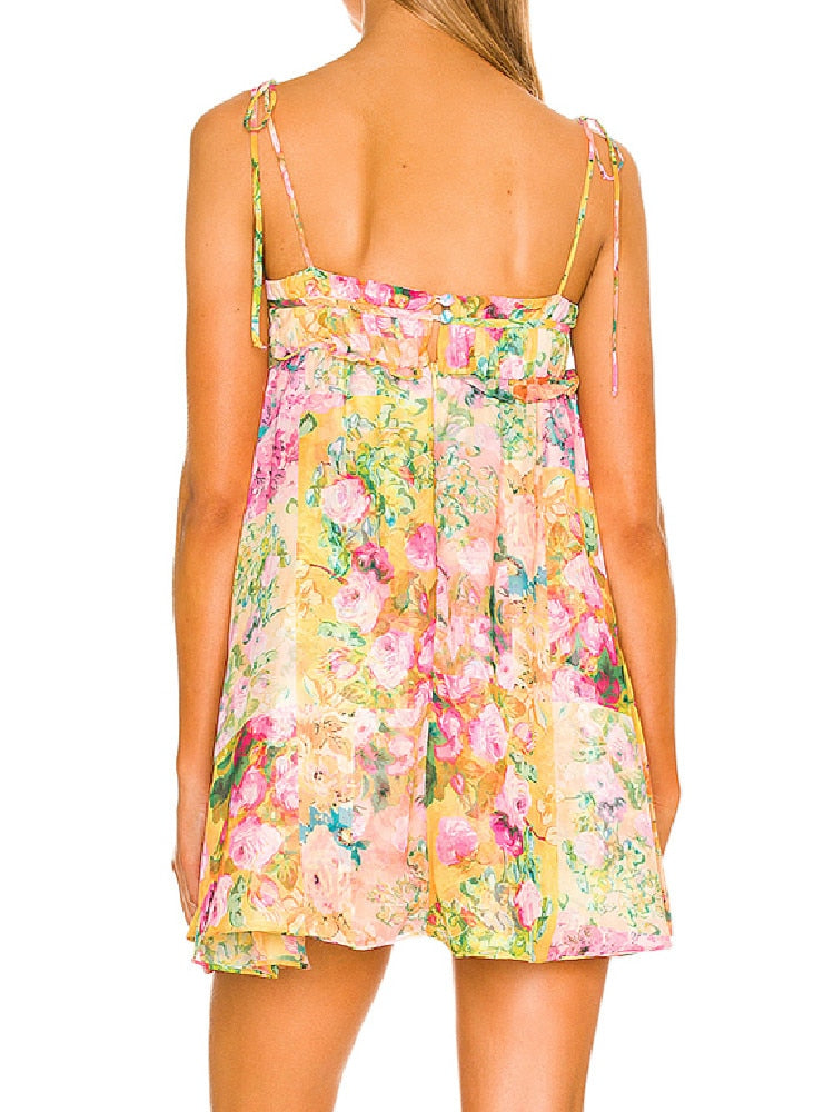 Printed Strap Tie-Up Slip Mini Dress