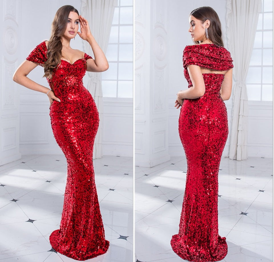 Sequin Off the Shoulder Backless Wrap Floor-Length Dresses