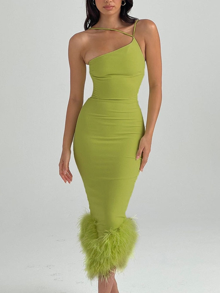 One Shoulder Sleeveless Feather Bottom Dresses