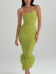 One Shoulder Sleeveless Feather Bottom Dresses