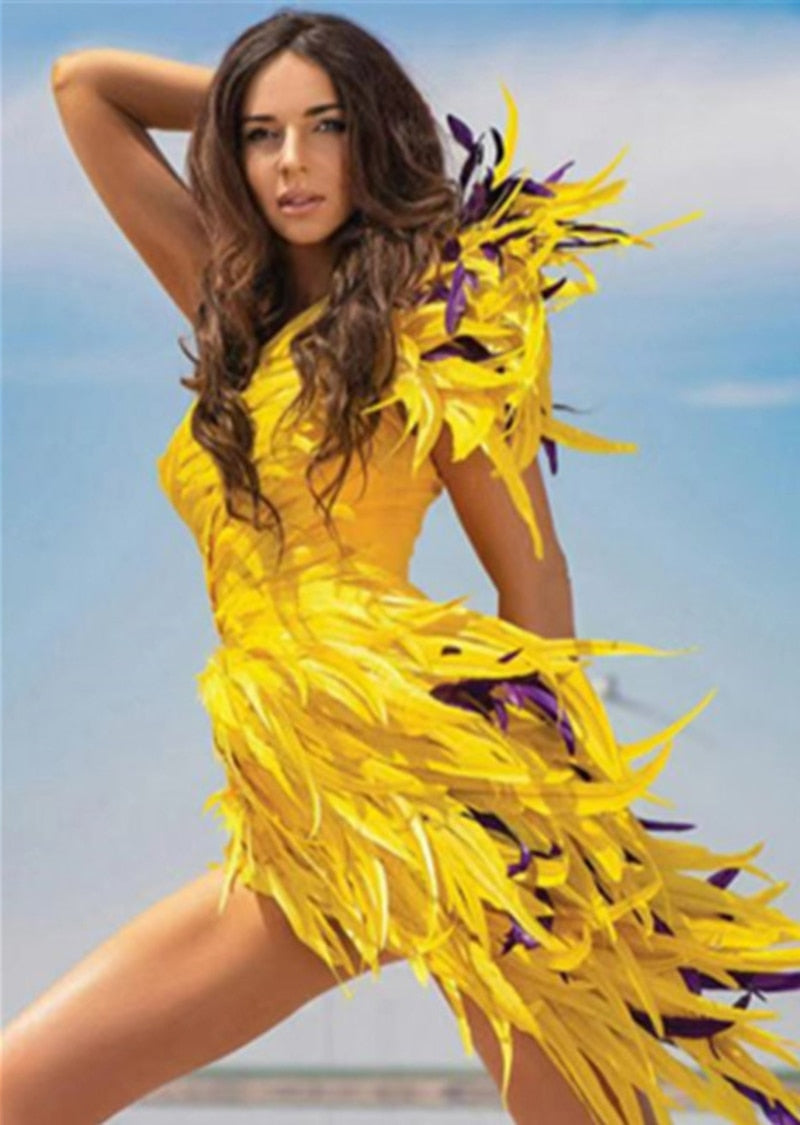 Yellow Feather Mini Dress