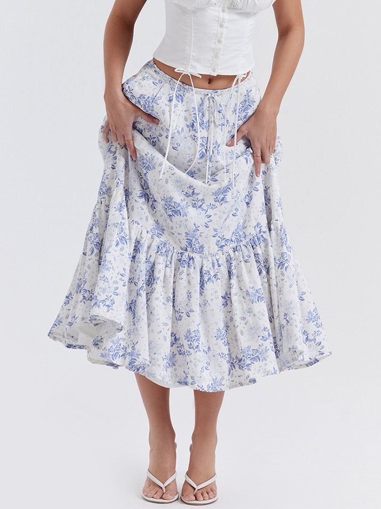 Blue Floral Print Midi Skirt