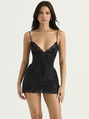 Black Lace Trim Satin Slip Mini Dress With Corset