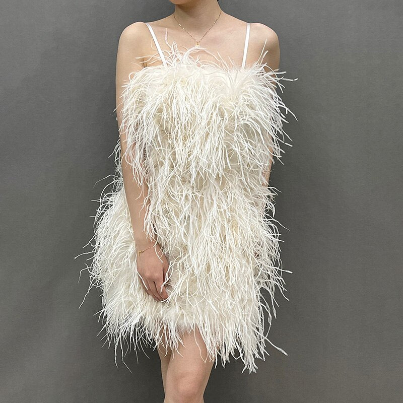 Ostrich Feather Mini Dresses With Shoulder Strap