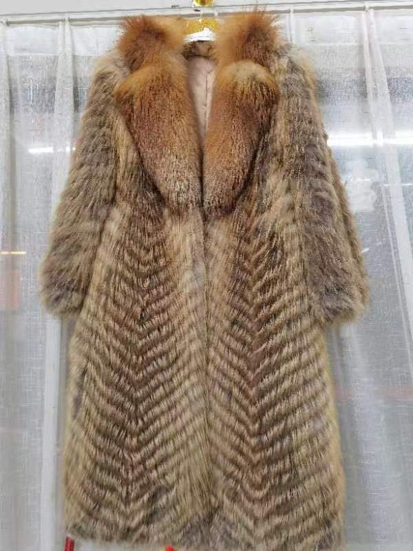 Thin Striped Color Pattern Real Fox Fur Coats  X-Long