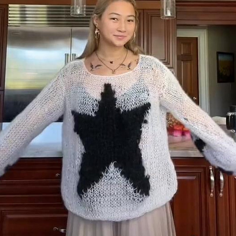 Knit Distressed Star Print Sweater