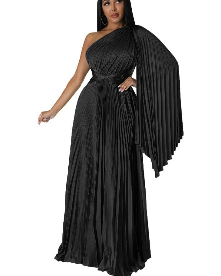 Satin Pleated Drape Sleeve Floor-Length Dresses