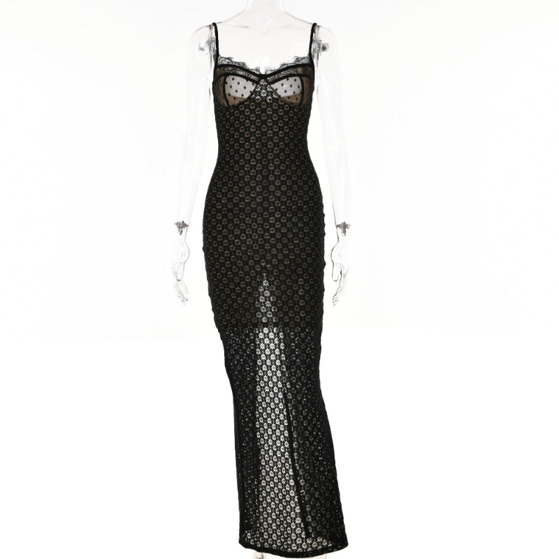 Black Polka Dot Lace Sheer Cupped Maxi Dress