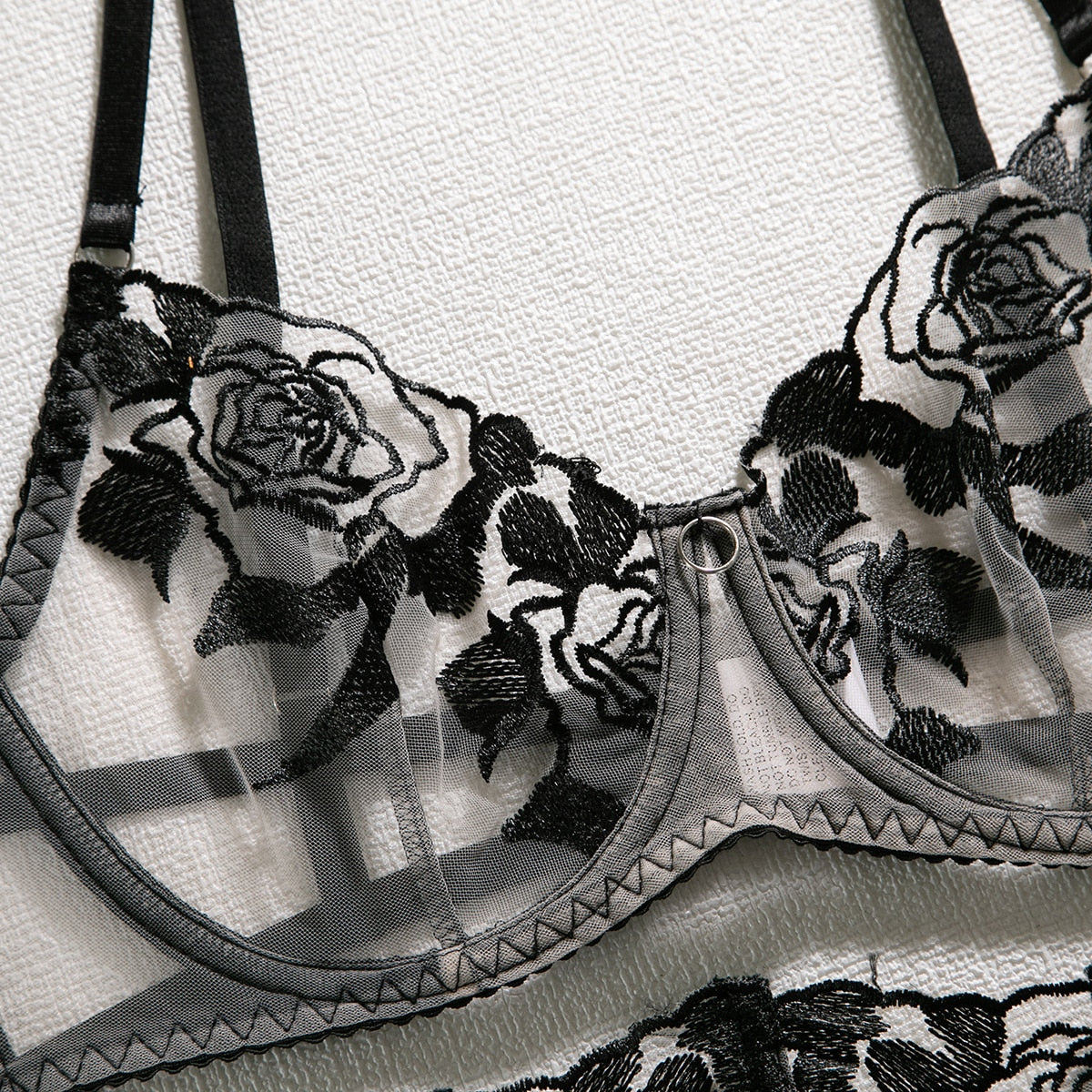 Black Rose Embroidery Tulle Lingerie Set