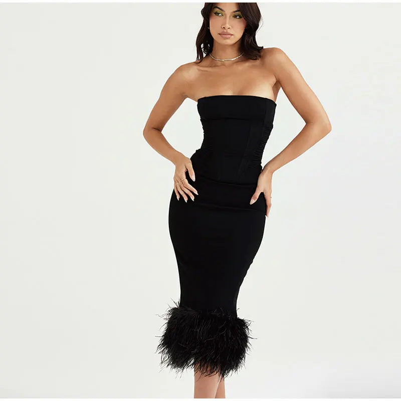 Corset Tube Fur Trim Bodycon Midi Dress