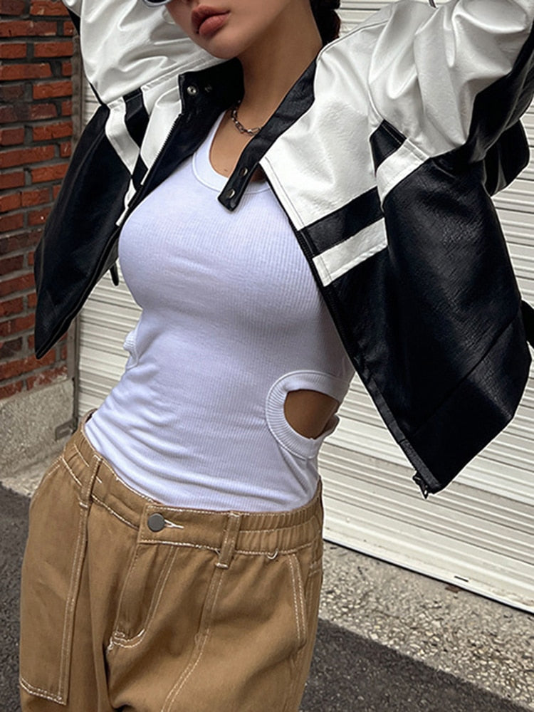 Black And White Stripe Biker Crop Jacket