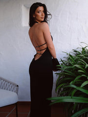 Black Halter Backless Maxi Dress With Back Straps