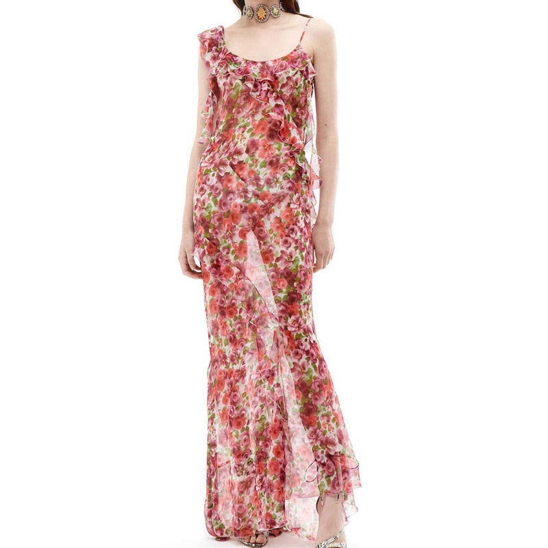 Pink Floral Print Ruffles Slip Maxi Dress