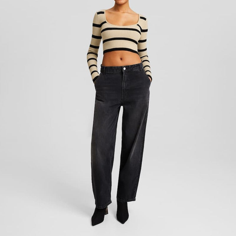 Striped Ribbed Long Sleeve Crop Top