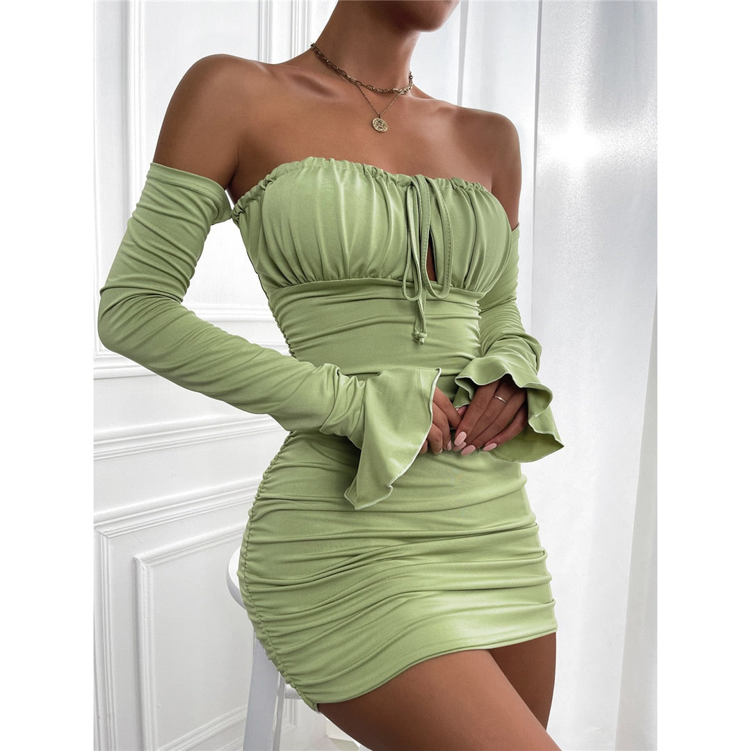 Off Shoulder Long Sleeve Hollow Chest Tie Dresses