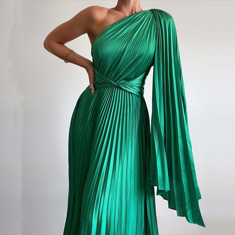 Satin Pleated Drape Sleeve Floor-Length Dresses