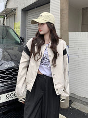 Beige Buttoned Black Patchwork Bomber Jacket