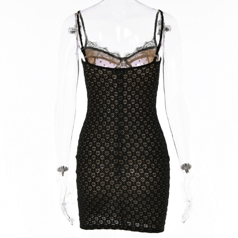 Black Polka Dot Lace Sheer Cupped Bodycon Mini Dress