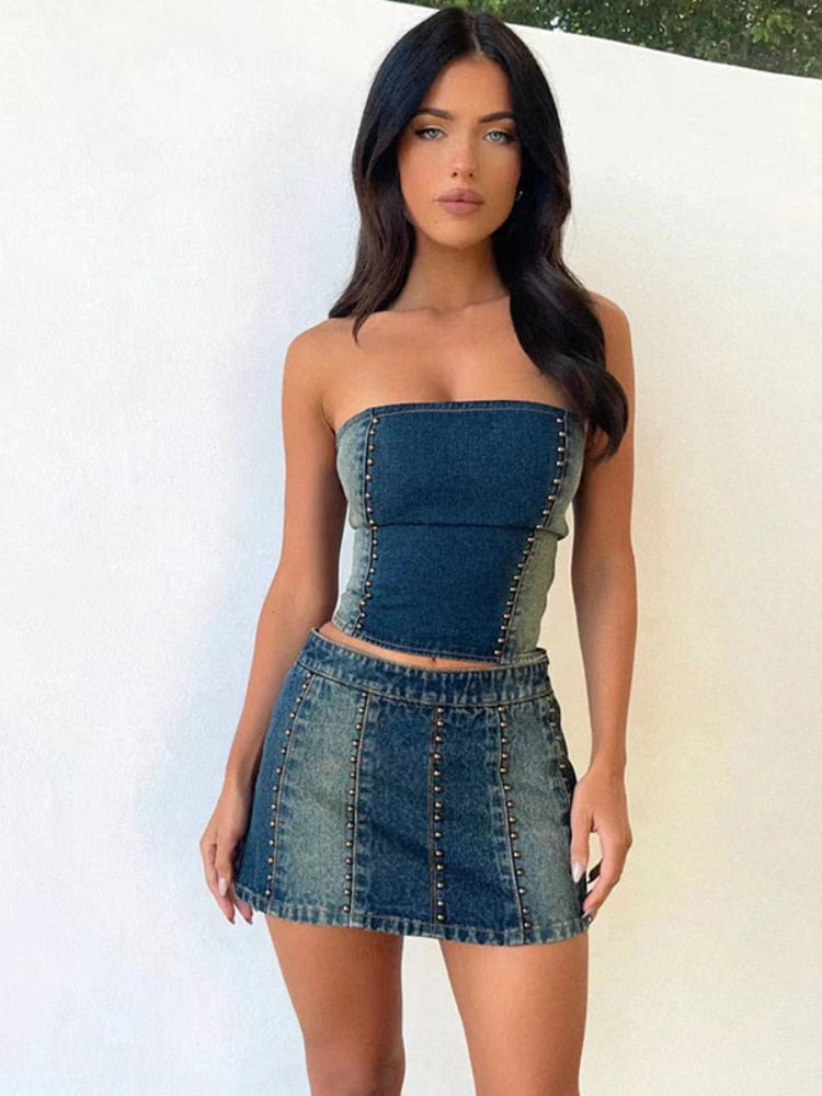 Denim Beaded Tube Top And Mini Skirt Set